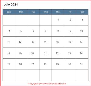 July 2021 Editable Calendar