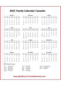 2021 Yearly Calendar Canada pdf