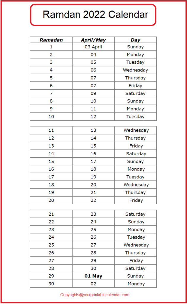 Printable Ramadan Calendar 2023 With Prayer Times Ramzan 1442 