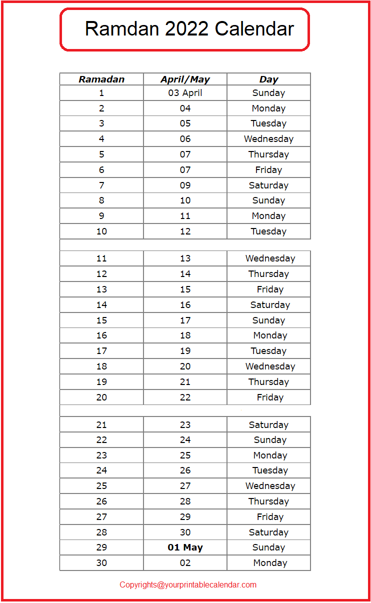 Printable Ramadan Calendar 2023 With Prayer Times Ramzan 1444 
