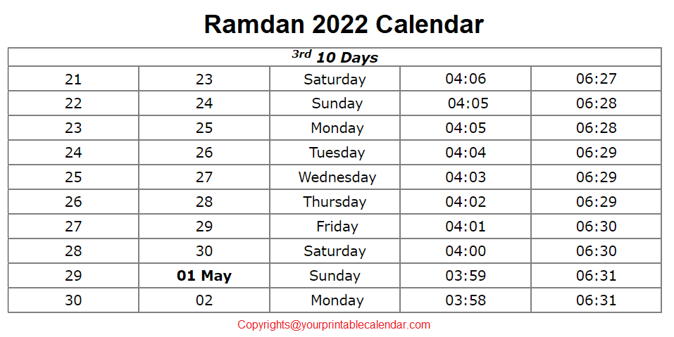 Printable Ramadan Calendar 2023 With Prayer Times Ramzan 1442 
