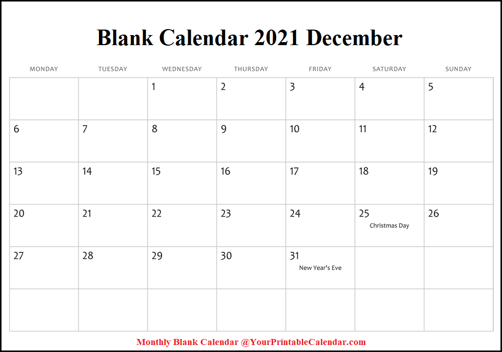 Blank Calendar 2021 December