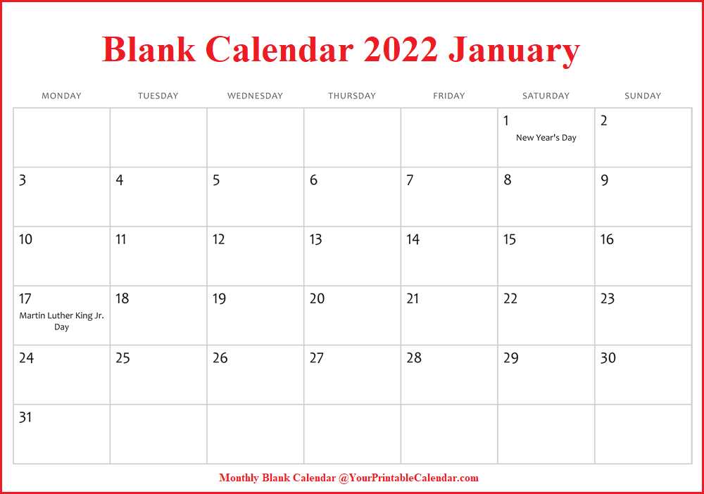 Blank Printable Calendar 2022 Pdf