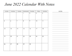 June 2022 Calendar With Notes
