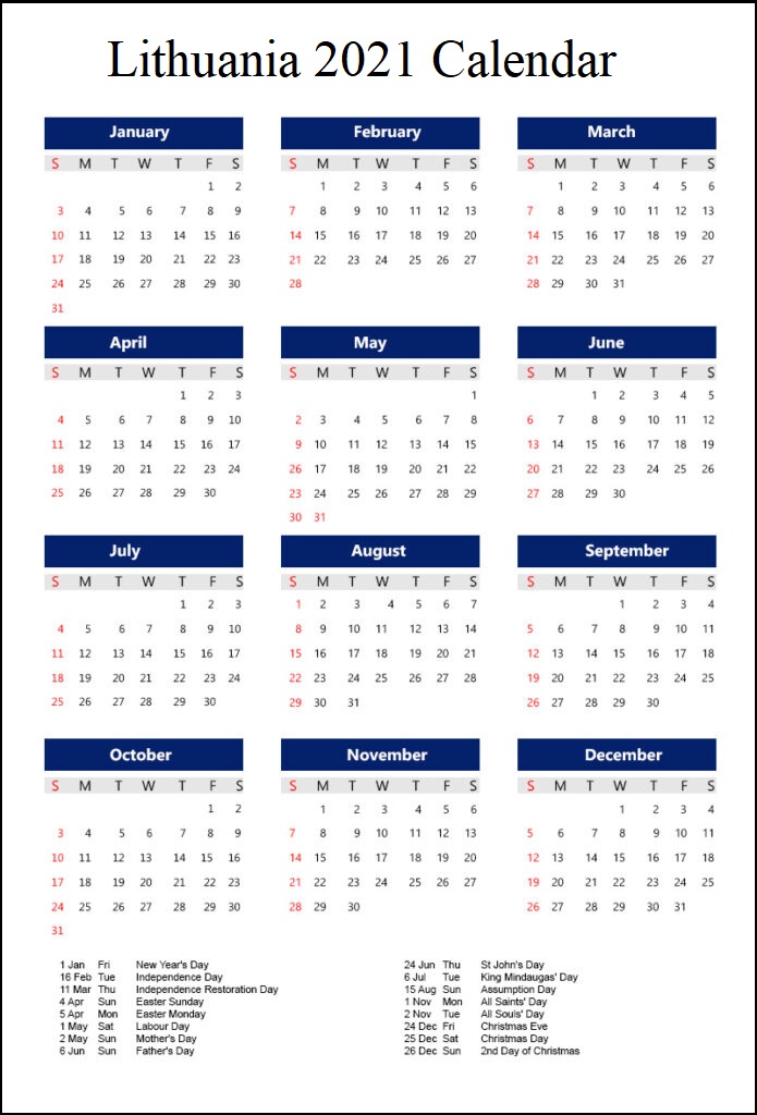 2021 Yearly Calendar Lithuania