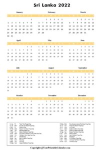 Calendar 2022 Sri Lanka