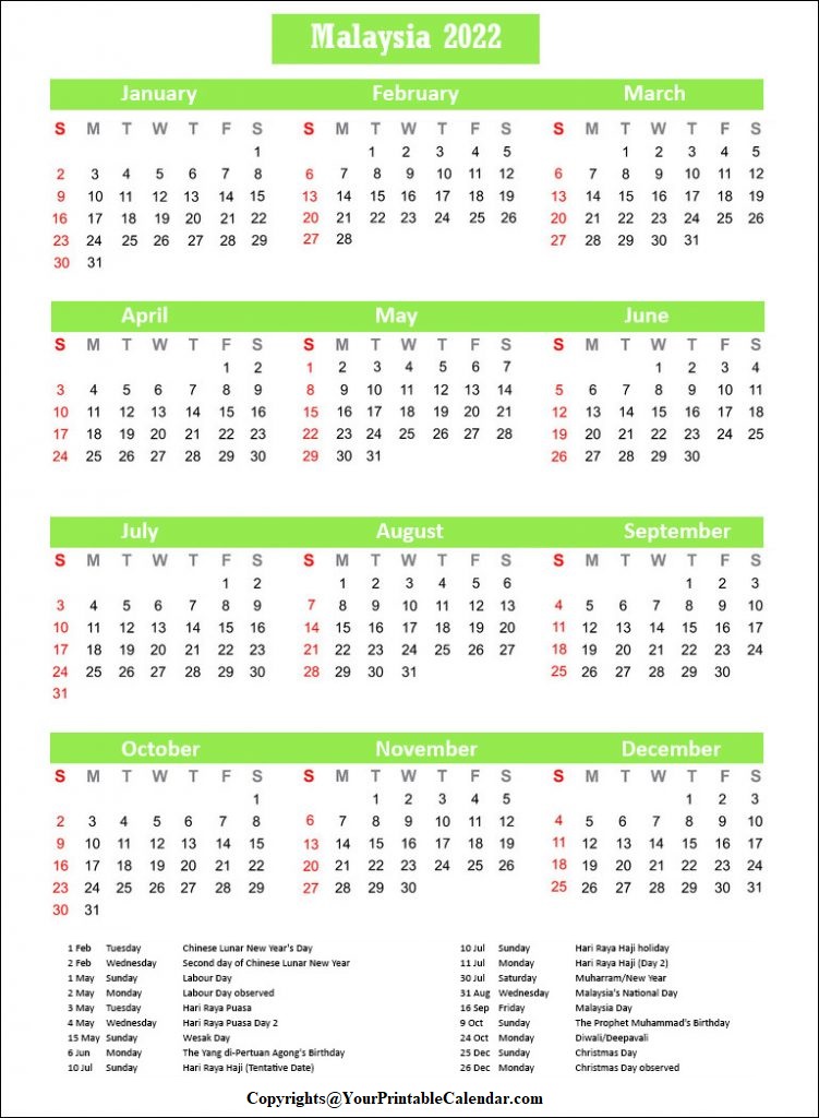 Malaysia Public Holidays 2022 Calendar