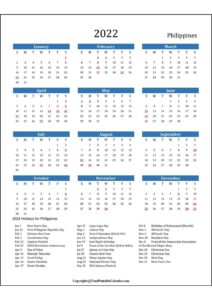 Philippines 2022 Calendar with Holidays pdf