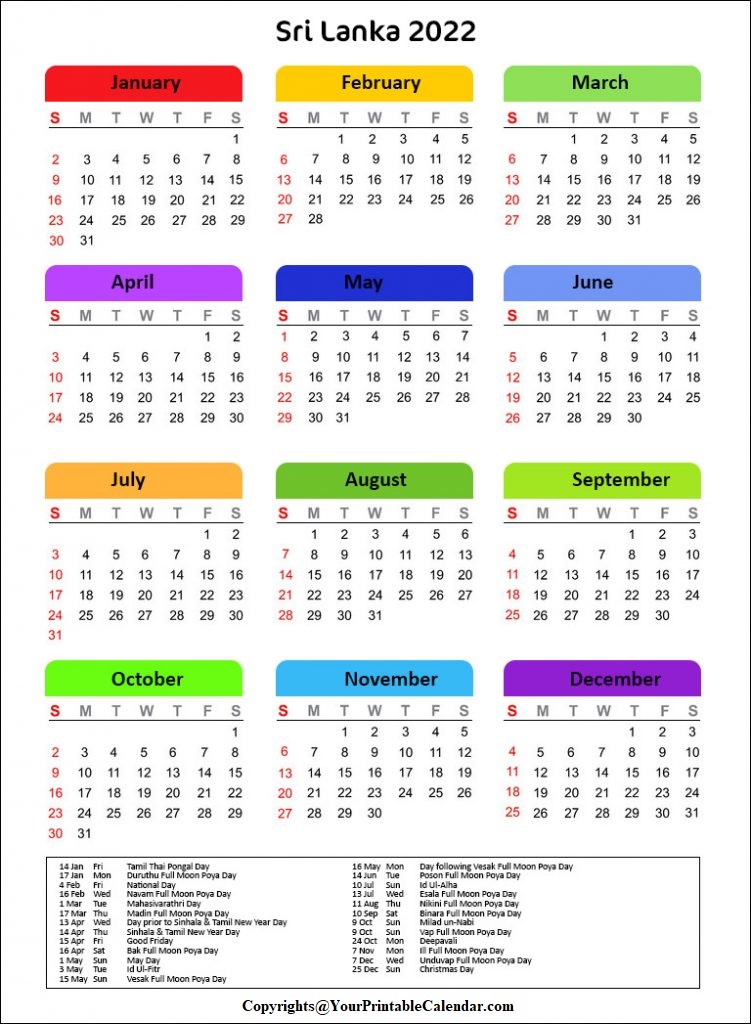 Sri Lanka 2022 Calendar
