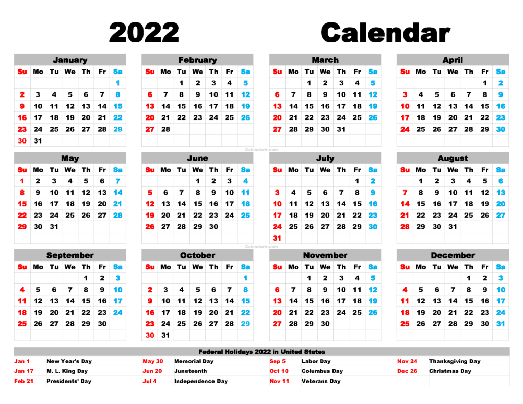 2022 Printable Calendar With Holiday