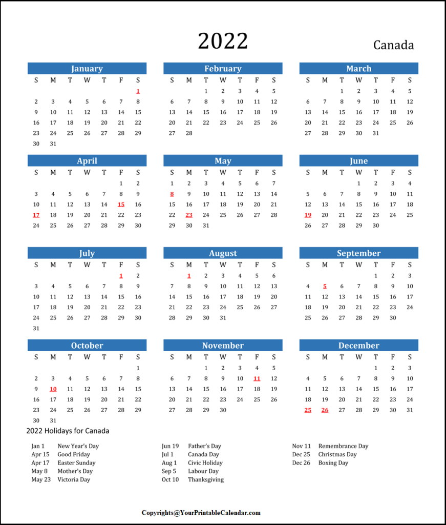 2022 Yearly Calendar Canada