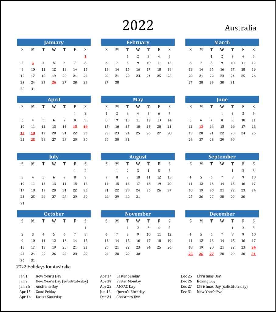 Australia 2022 Calendar