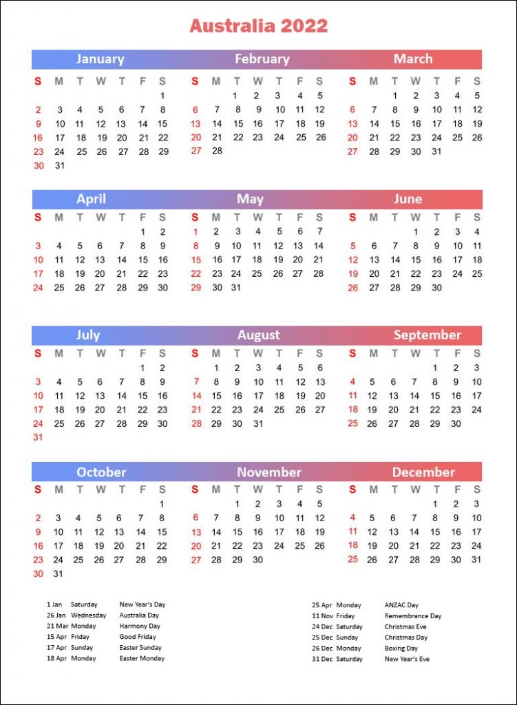 Australia 2022 Calendar with Holidays