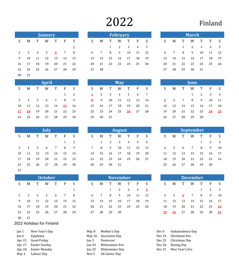 Finland 2022 Calendar