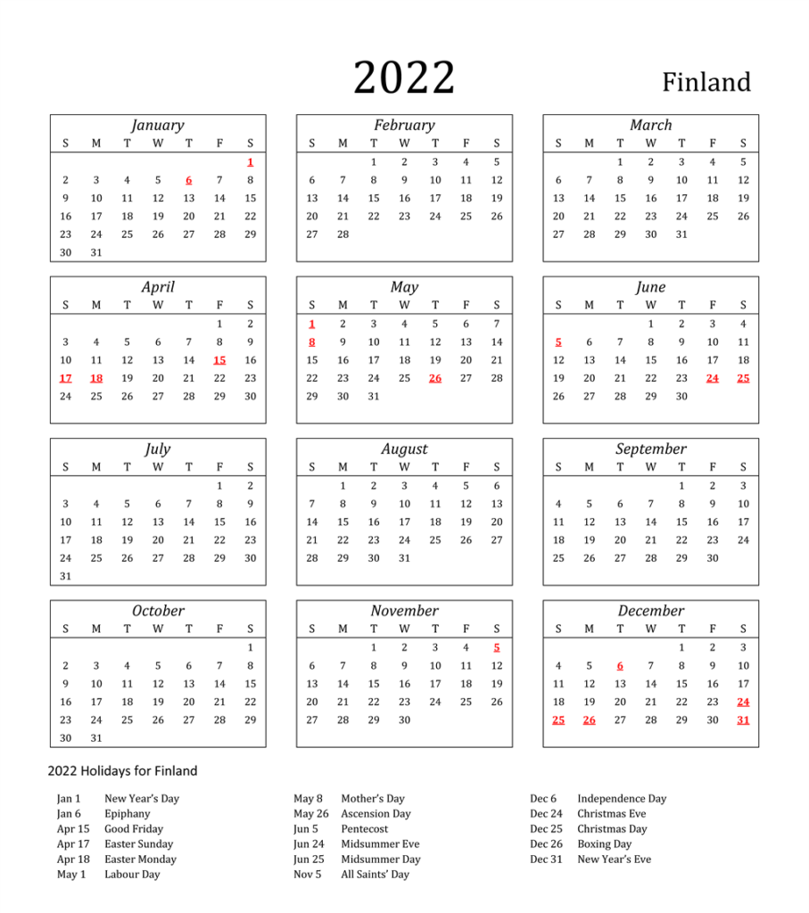Finland 2022 Calendar with Holidays