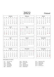 Finland 2022 Calendar with Holidays pdf