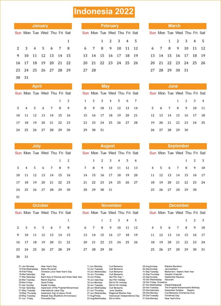 Free Indonesia 2022 Calendar Printable With Holidays [PDF]