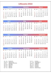 Lithuania 2022 Calendar with Holidays pdf