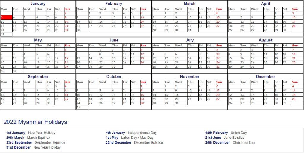 Myanmar Calendar 2022 Free Myanmar 2022 Calendar Printable With Holidays [Pdf]