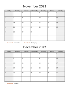 November December Calendar 2022