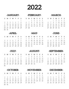 One Page Yearly 2022 Calendar