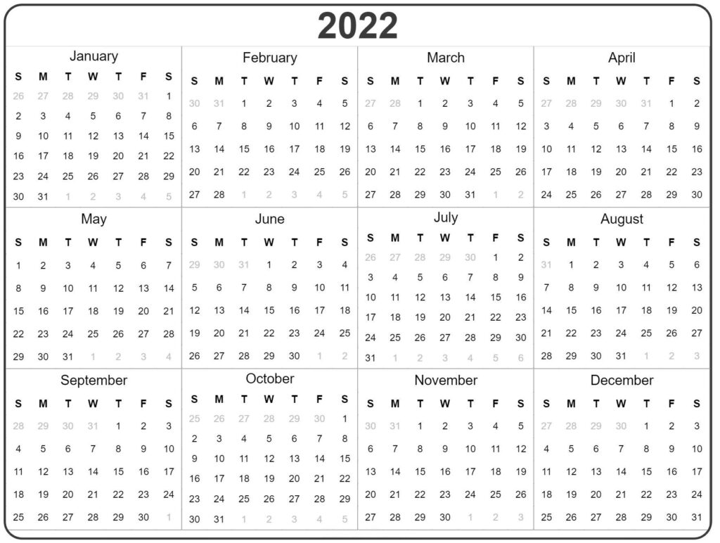 Printable 2022 Monthly Calendar