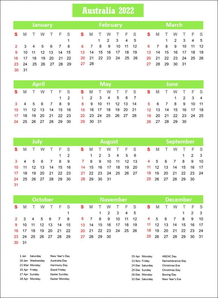 Printable Calendar 2022 Australia