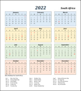 Printable South Africa Calendar 2022