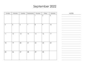 September 2022 Calendar With Notes