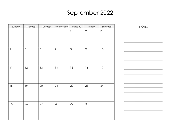 September 2022 Calendar With Notes