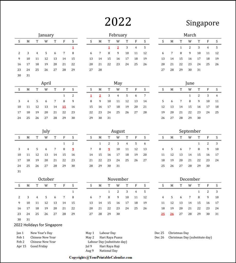 Singapore Public Holidays 2022 Calendar