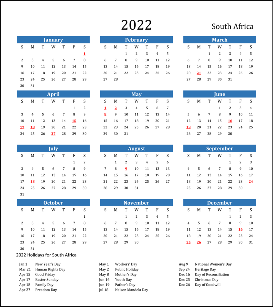 South Africa 2022 Calendar with Holidays