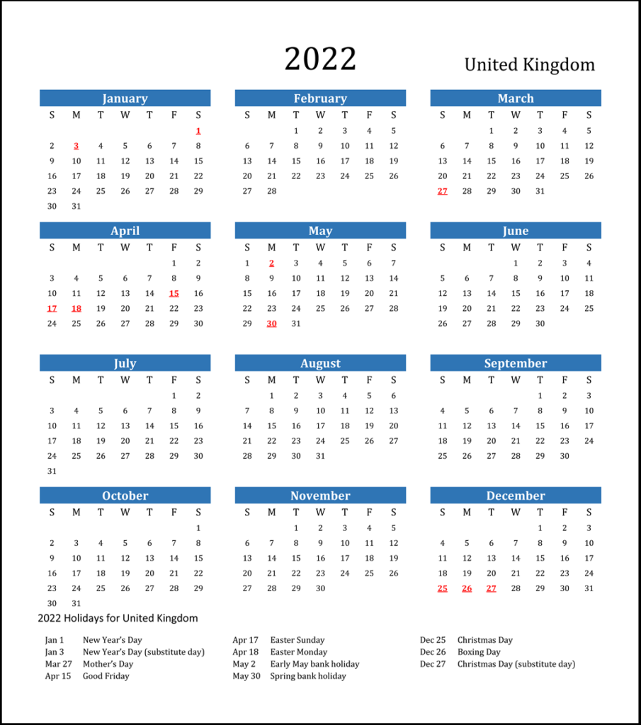 free uk 2022 calendar printable with holidays pdf