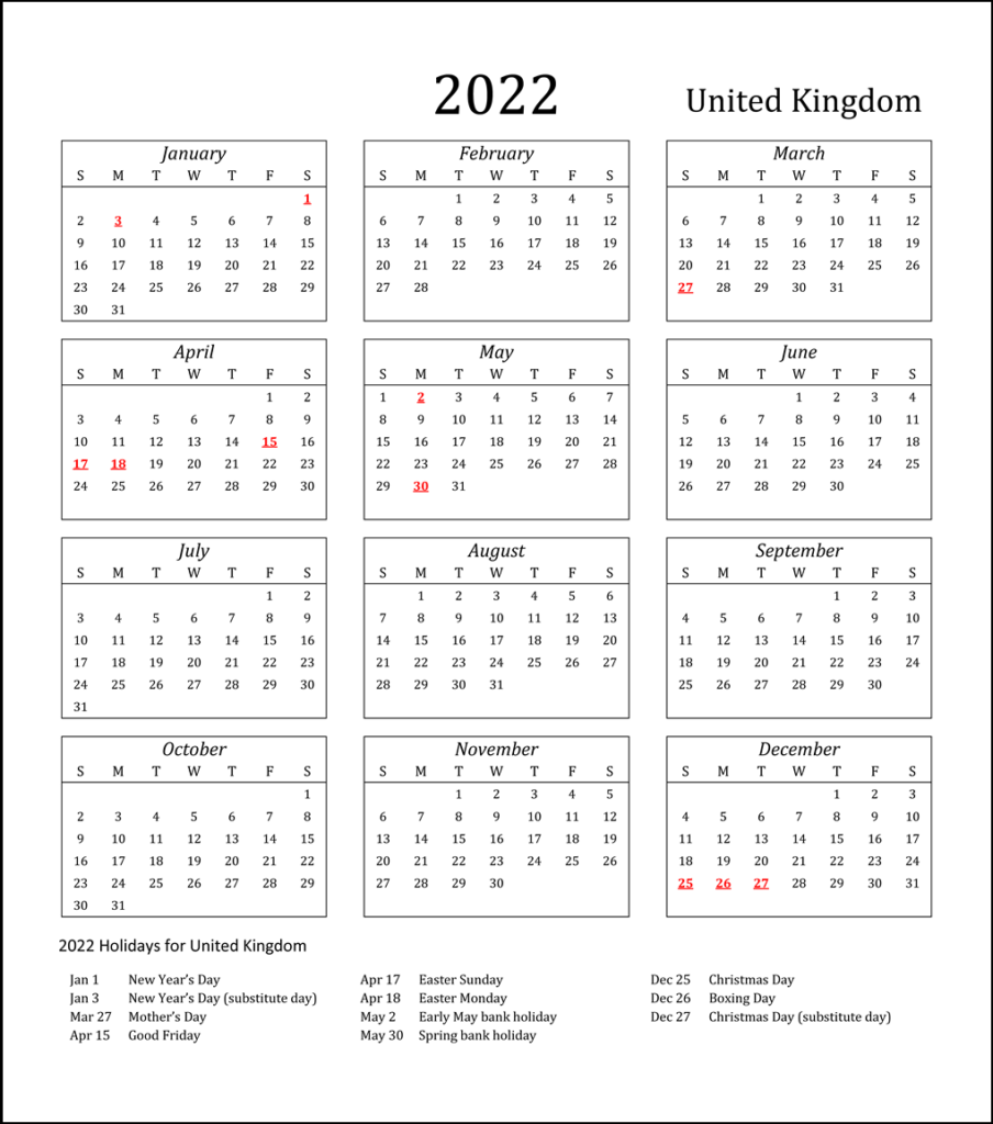 UK 2022 Calendar Printable