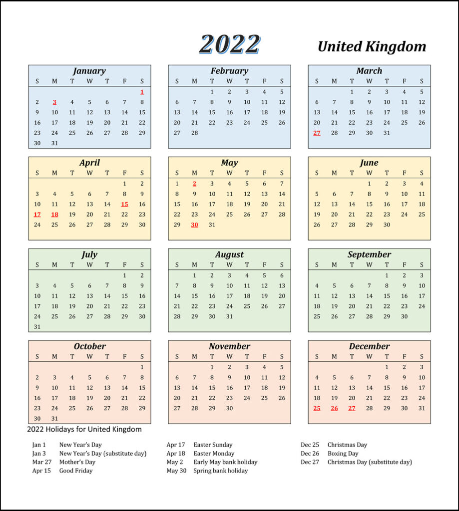 UK 2022 Calendar with Holidays