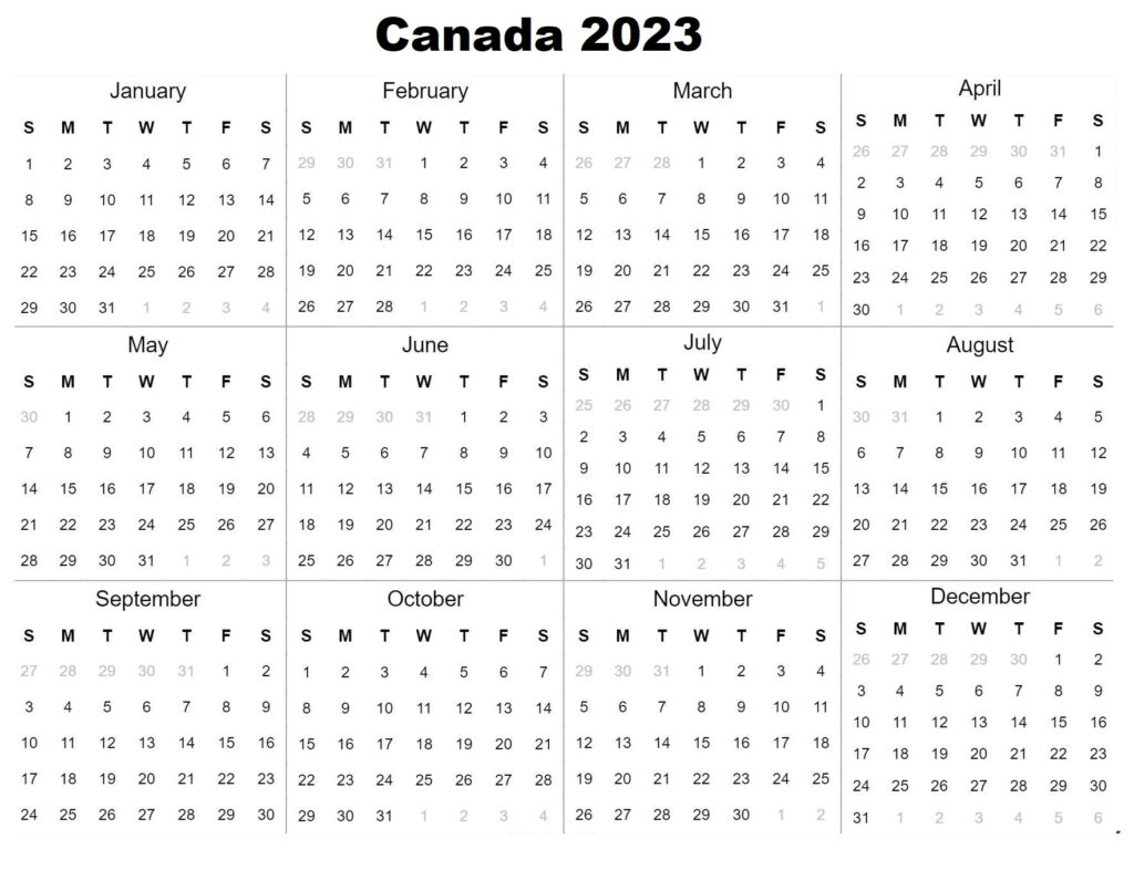 2023 Yearly Calendar Canada
