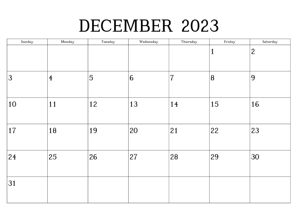 December Blank Calendar 2023