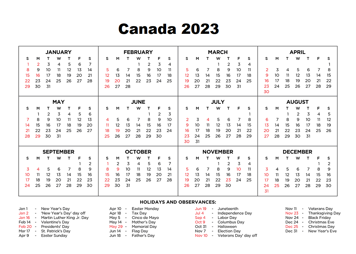 Free Printable 2023 Monthly Calendar With Holidays Canada