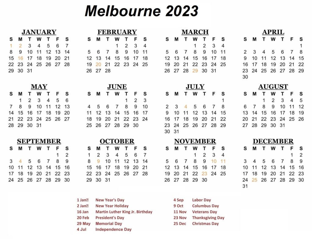 Melbourne 2023 Holidays Calendar