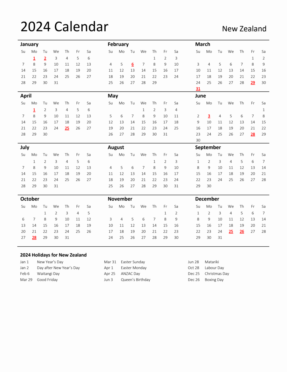 Printable Free NZ Public Holidays 2024 Calendar [PDF]