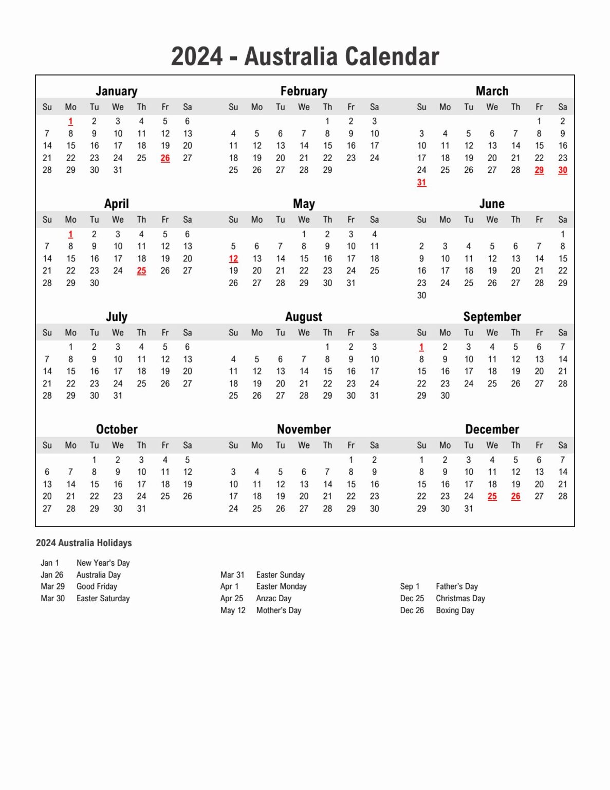 Free Australia 2024 Calendar Printable With Holidays [PDF]